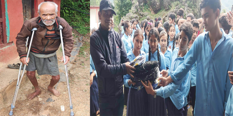 वडाध्यक्ष पुरीद्धारा वृद्धलाई बैसाखी र विद्यार्थीलाई खेलकुद सामाग्री प्रदान 